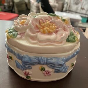 Floral Ceramic Trinket Box with Blue Ribbons 🎀